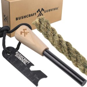 Bushcraft Survival Ferro Rod Fire Starter Kit includes a multi-tool striker and a waterproof wax-infused tinder rope