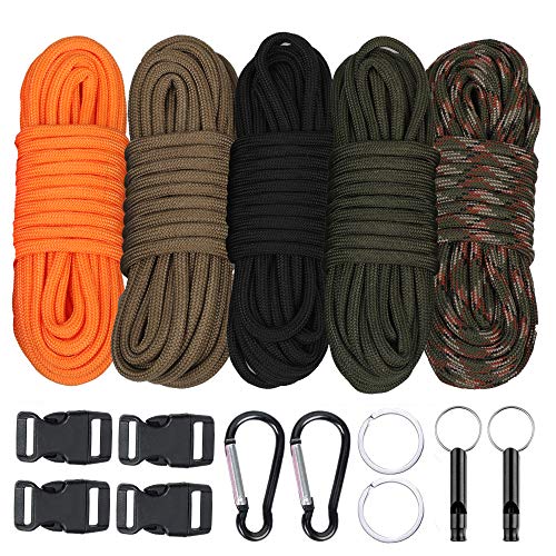 WEREWOLVES Paracord Cord, Multicolor Survival Paracord 550 Bracelet Crafting Kit with Buckles and Carabiner, 20 Feet Each Color Paracord Rope (550lb 100FT-B)
