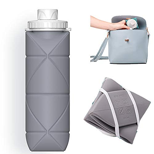 SPECIAL MADE Collapsible Water Bottles Leakproof Valve Reuseable BPA Free Silicone Foldable Water Bottle for Gym Camping Hiking Travel Sports Lightweight Durable 20oz Grey