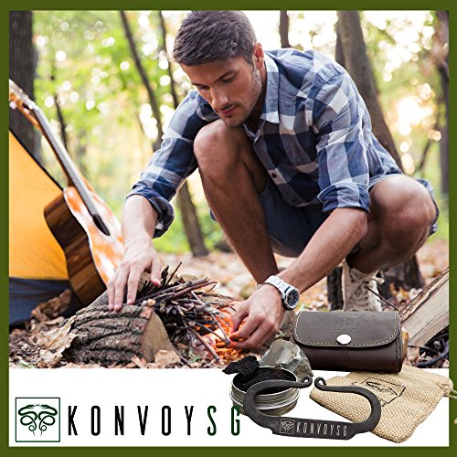KonvoySG Flint and Steel Kit. Fire Striker, English Flint Stone & Char Cloth Traditional Hand Forged Fire Starter with a Leather Gift Pouch and Emergency Tinder Jute Bag (Cognac)