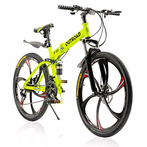 PanAme Folding Mountain Bikes, 21 Speed Shining SYS Double Disc Brake, Full Suspension 6-Spoke 26 Inches Anti-Slip Bicycle for Man/Woman/Teen, Green…