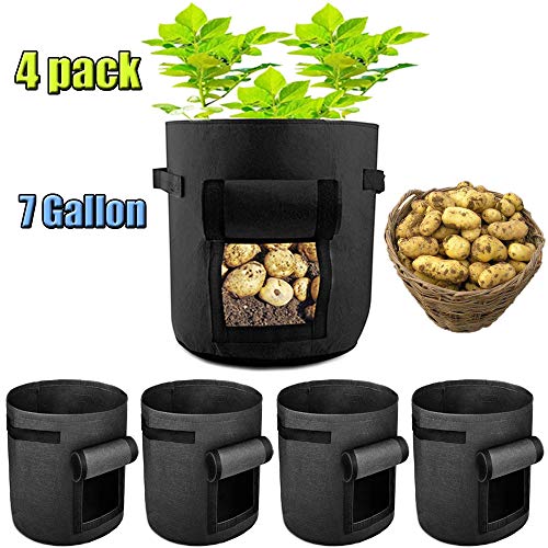HAHOME Nonwoven Fabric Vegetable Garden Box, Smart Plant Growing Bags Pots with Flap 7 Gallon 4 pcs, Black