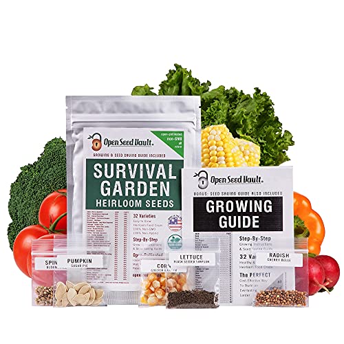 Survival Garden 15,000 Non GMO Heirloom Vegetable Seeds Survival Garden 32 Variety Pack by Open Seed Vault