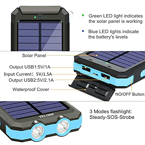 Solar Power Bank, YELOMIN 20000mAh Portable Solar Charger, Waterproof Backup Battery Pack with Dual USB 5V Outputs/LED Flashlights and Compass for Cellphones, Tablets and Electronic Devices(Blue)