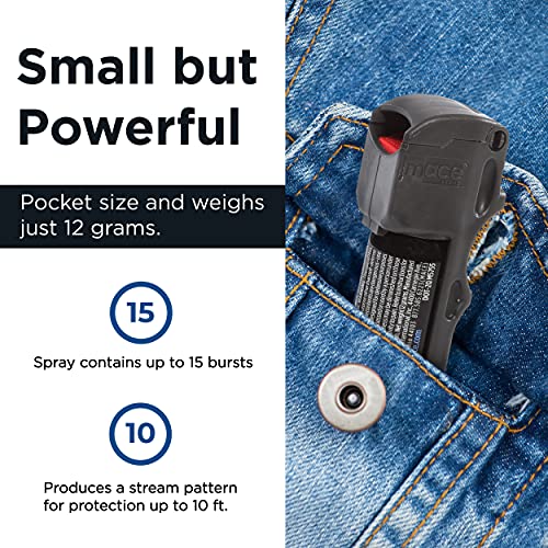 Mace Brand Triple Action Pocket Pepper Spray (Black) – Accurate 10’ Powerful Pepper Spray with Tear Gas, 3-in-1 Formula, Flip Top Safety Cap, Leaves UV Dye on Skin – Great for Self-Defense