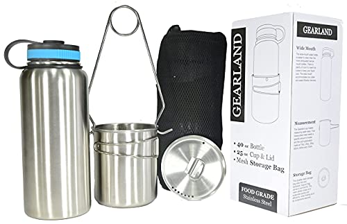 Gearland Canteen Stainless Steel Water Bottle with Nested Camping Cup and Lid for Bug Out Bag, Bushcraft Gear, Metal Canteen with a Wide Mouth Water Bottle and Mess Kit