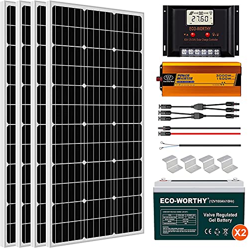 ECO-WORTHY 400W 24V Complete Solar Panel Kit with Controller, Battery and Inverter Off Grid 1.6KWH Solar Power System Kit for Home House Shed Farm RV Boat, etc