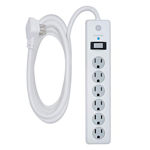 GE 6-Outlet Surge Protector, 10 Ft Extension Cord, Power Strip, 800 Joules, Flat Plug, Twist-to-Close Safety Covers, UL Listed, White, 14092