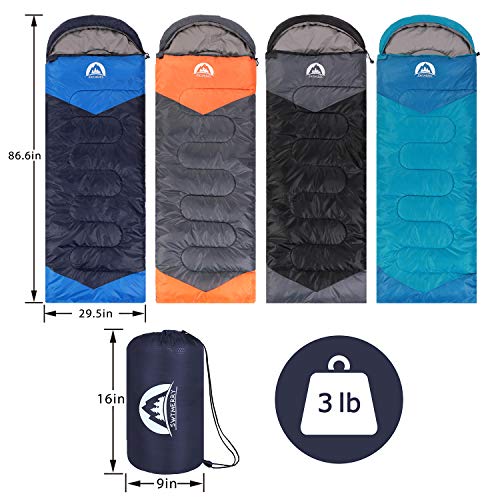 Sleeping Bag 3 Season Warm & Cool Weather - Summer, Spring, Fall, Lightweight,Waterproof Indoor & Outdoor Use for Kids, Teens & Adults for Hiking,Backpacking and Camping (Navy Blue, Single)
