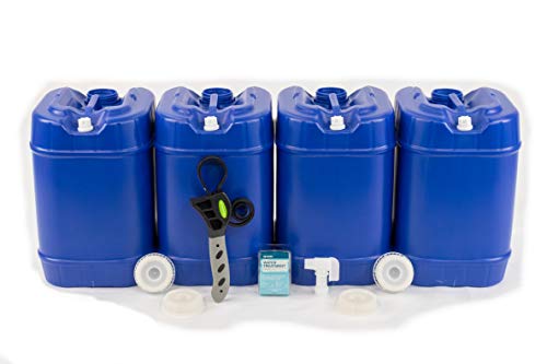 Emergency Water Storage 5 Gallon Water Tank - 20 Gallons (4 Tanks) - 5 Gallons Each w/ Lids + Spigot & Water Treatment - Food Grade, Portable, Stackable, Easy Fill - Survival Supply Water Container